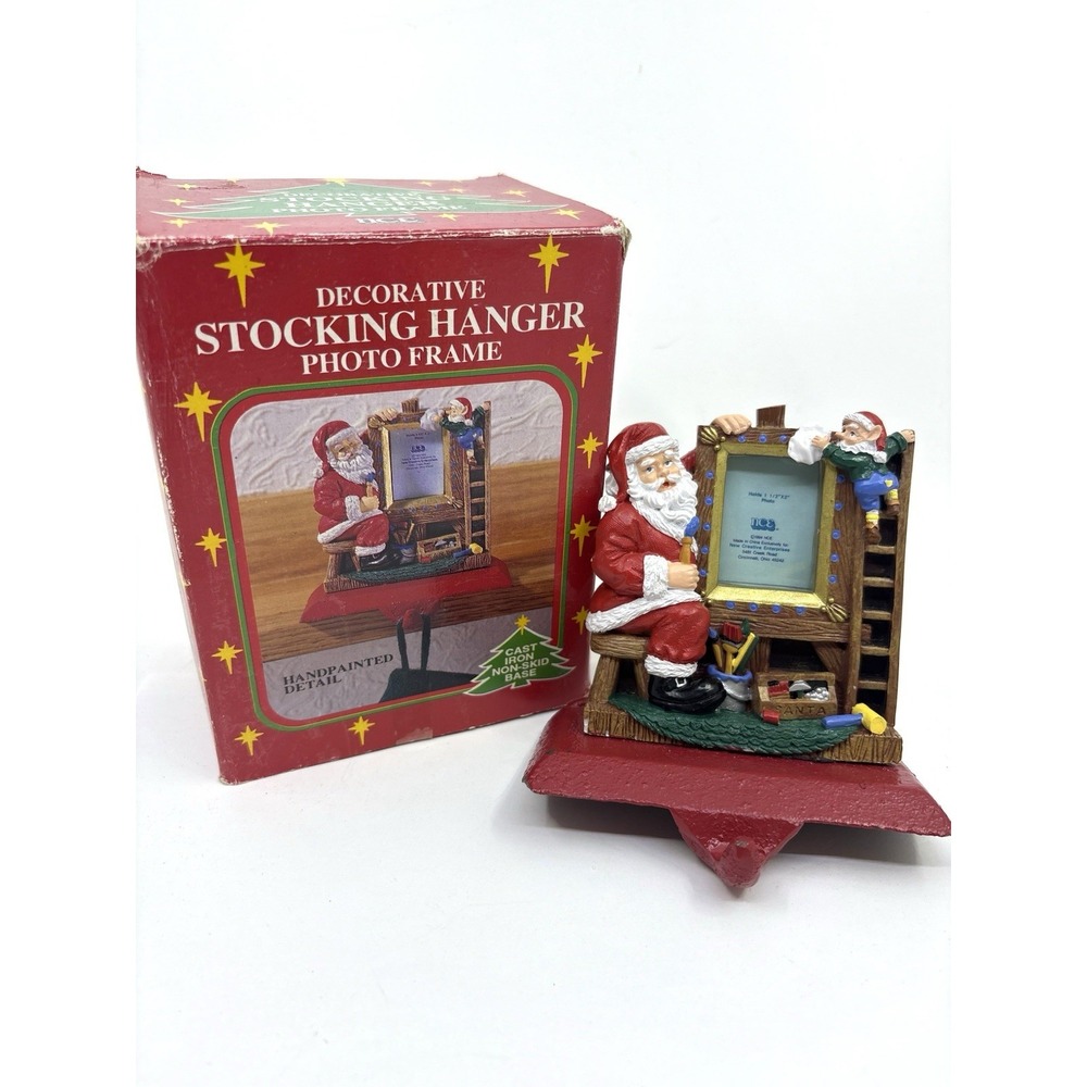 Vtg Cast Iron Santa Painting On Easel Elf Stocking Holder